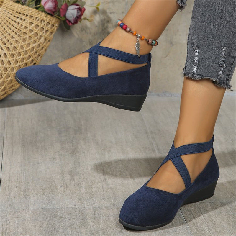 Damen elegante Wedge-Pantoletten mit überkreuzten Riemen und komfortablem Fußbett R&B