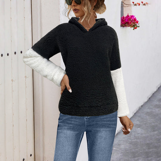 Damen lockerer Pullover mit weichem Teddy-Fleece und großem Kragen R&B