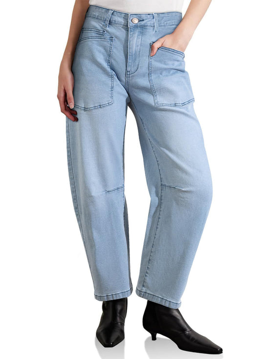 Damen halbhohe Denim-Hose mit einzigartigen aufgesetzten Taschen R&B