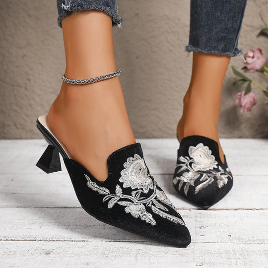 Damen elegante Mules mit zarten Blumenstickereien R&B