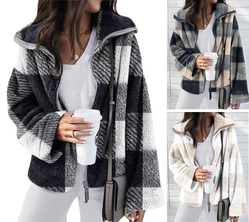 Damen modische Fleecejacke mit hoch geschlossenem Kragen und kariertem Muster R&B