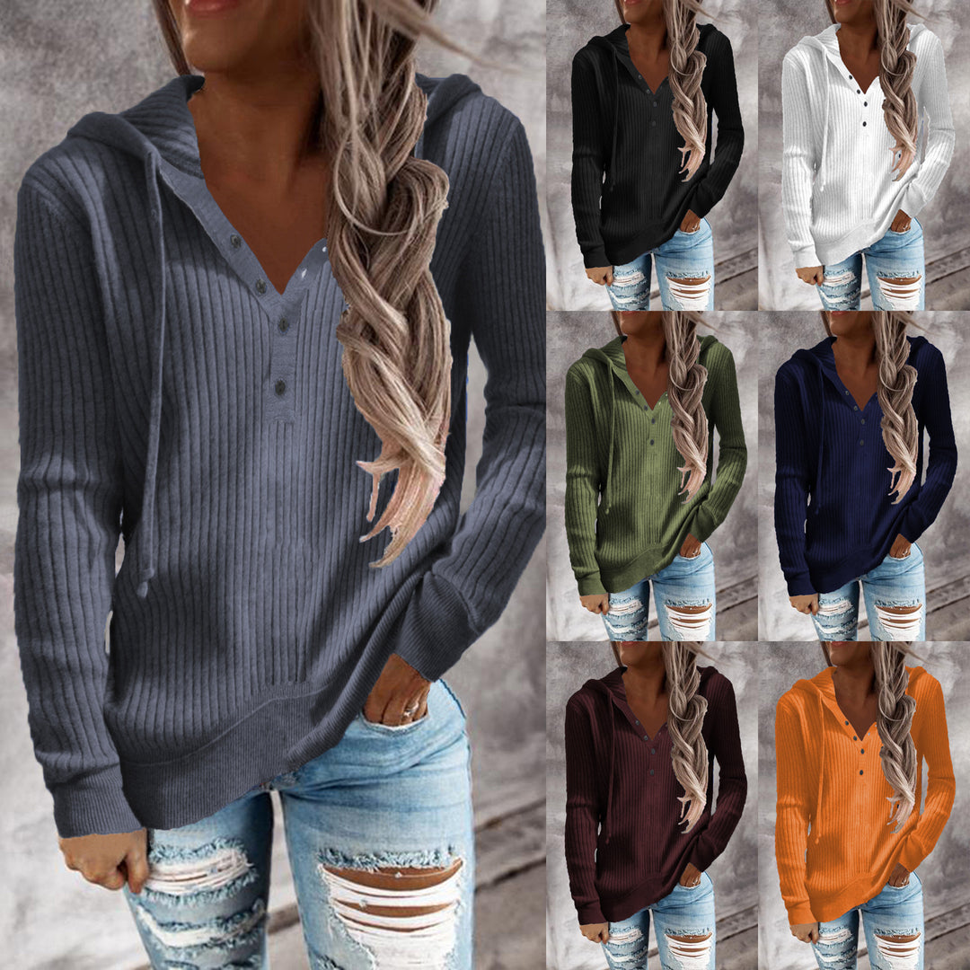 Damen Kapuzenpullover im modischen Rippdesign mit Knopfleiste R&B