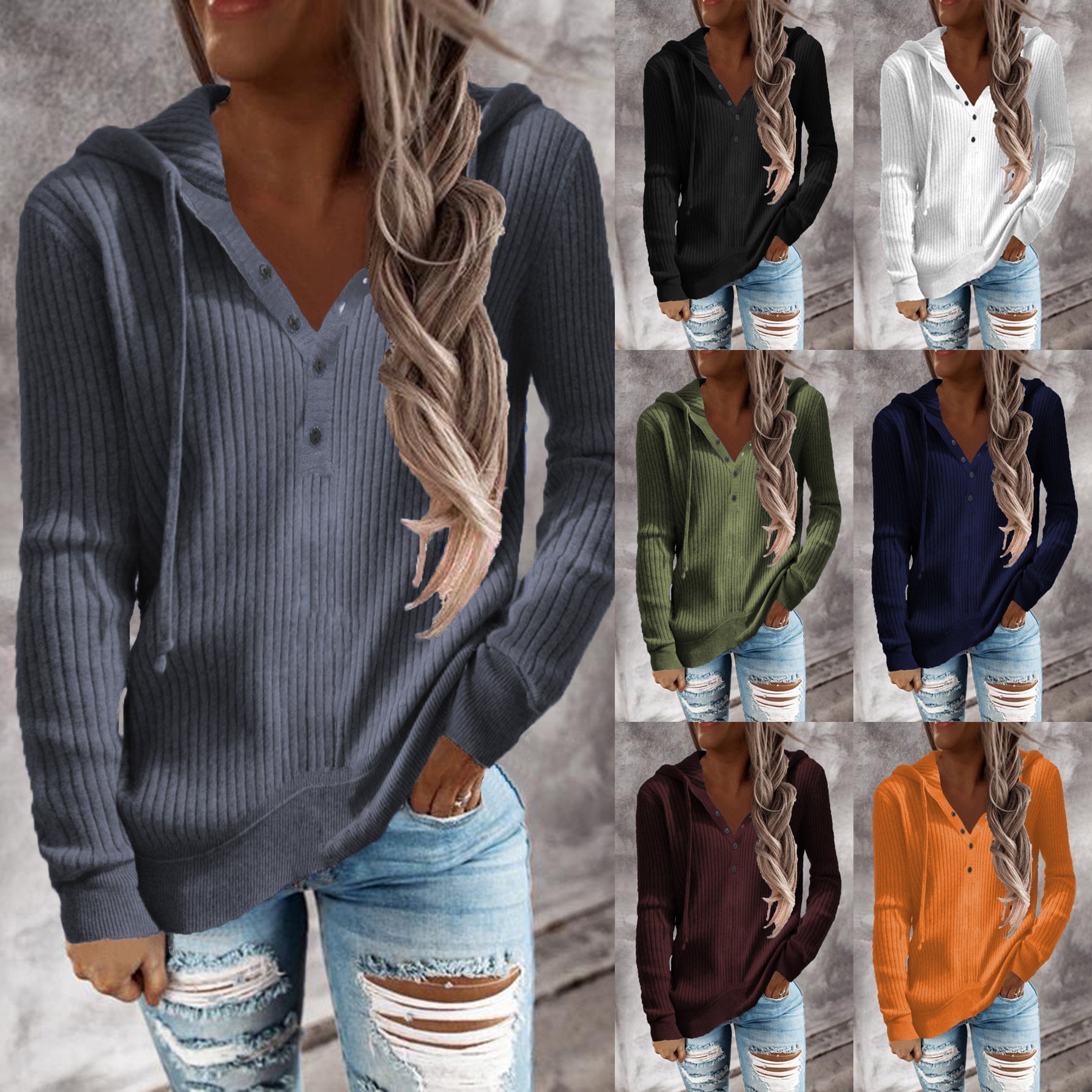 Damen Kapuzenpullover im modischen Rippdesign mit Knopfleiste R&B