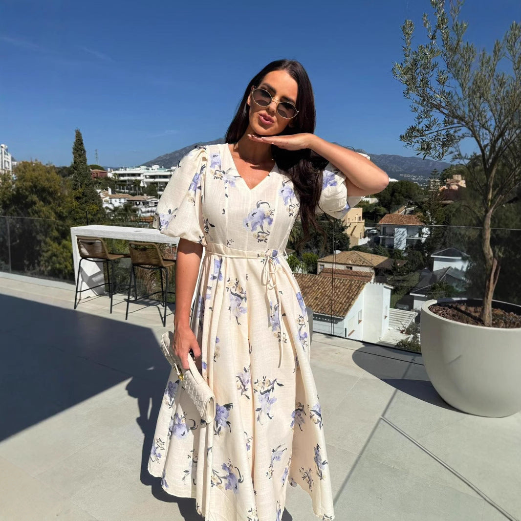 Damen Blusenkleid mit gestuften Volantärmeln und Bindegürtel R&B