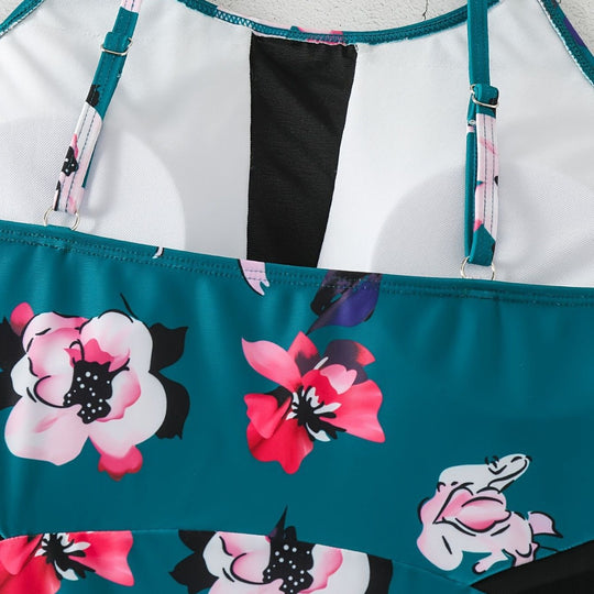 Damen Einteiliger Badeanzug mit modischem floralem Design und schickem Schwarz R&B