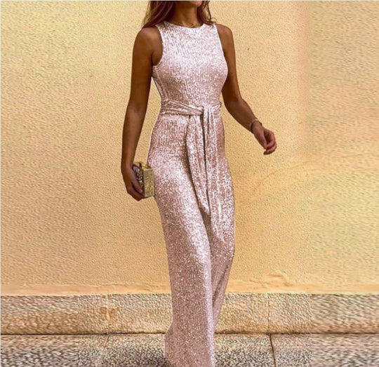 Damen Glitzerndes Maxi-Kleid mit Taillengürtel und elegantem Schnitt R&B