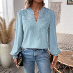 Damen nan Spitzenapplikation V-Ausschnitt Bluse mit Strukturpunkt, gerafften Manschetten und leicht taillierter Silhouette R&B
