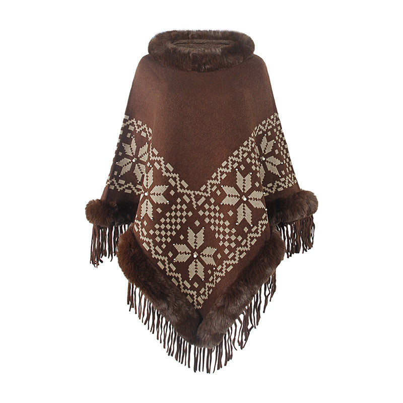 Damen eleganter Poncho mit dekorativem Fransen-Design und Kunstfellbesatz R&B