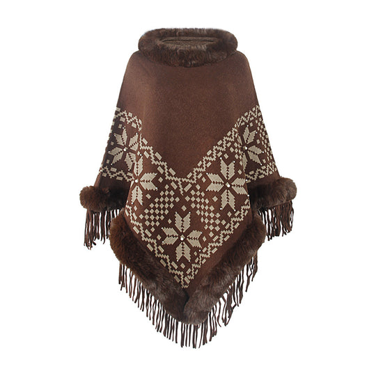 Damen eleganter Poncho mit dekorativem Fransen-Design und Kunstfellbesatz R&B