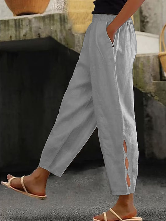 Damen Leichte Leinenhose mit seitlichen Schlitzen und elastischem Bund R&B