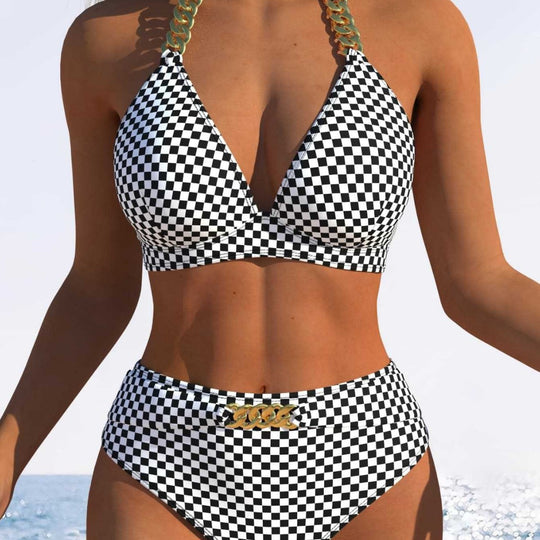 Damen Triangel-Bikini mit verstellbaren Bindebändern und modischem Wellenmuster R&B