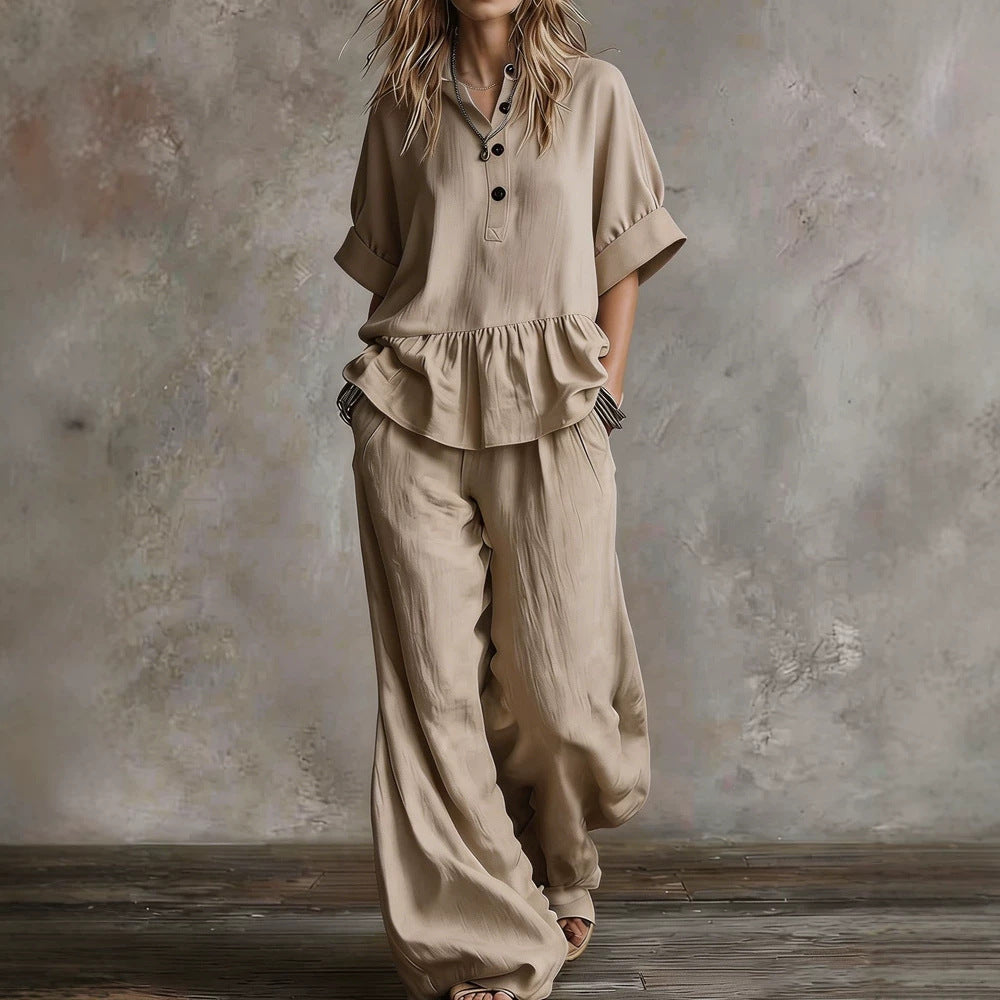 Damen Lässiges Oversize-Hosenanzug mit Wickel-Oberteil R&B