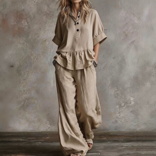 Damen Lässiges Oversize-Hosenanzug mit Wickel-Oberteil R&B