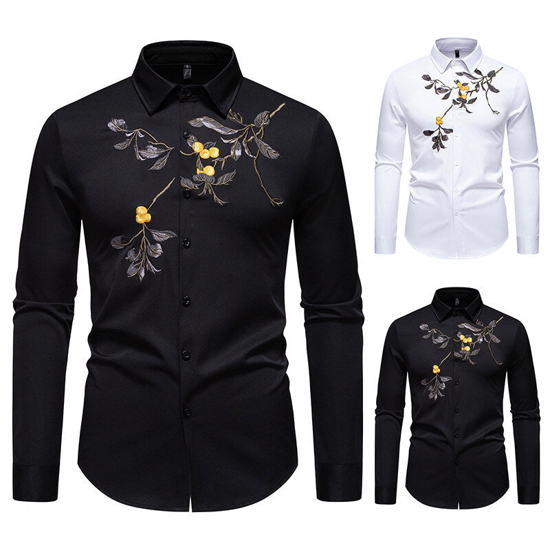 Herren elegantes Langarmhemd mit floraler Stickerei