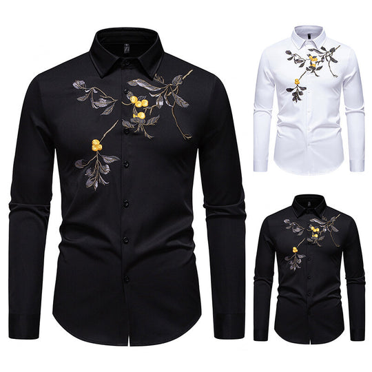 Herren elegantes Langarmhemd mit floraler Stickerei R&B