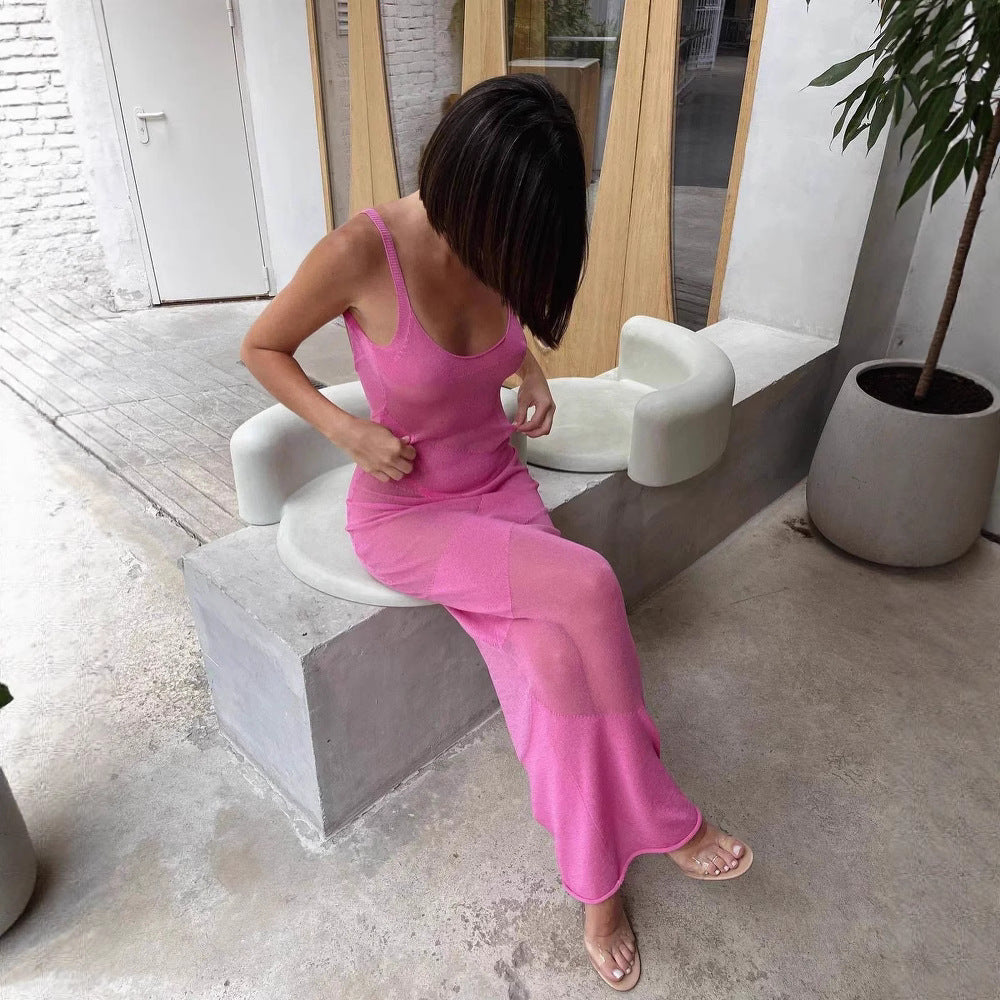 Damen Maxikleid aus transparentem Strickmaterial mit feinster Rippstruktur R&B