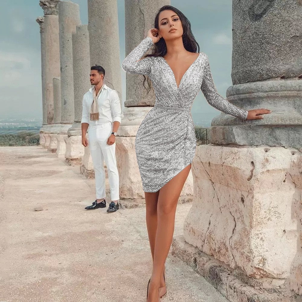 Damen Figurbetontes Glitzerkleid mit tiefem V-Ausschnitt und asymmetrischem Saum R&B