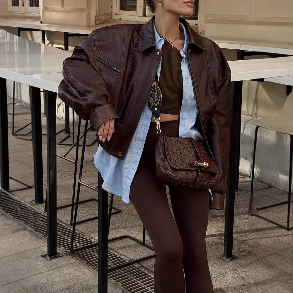 Damen lässige Kunstlederjacke mit oversized Schnitt und praktischen Taschen R&B