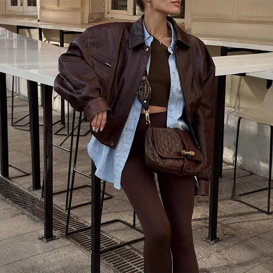 Damen lässige Kunstlederjacke mit oversized Schnitt und praktischen Taschen R&B