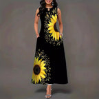 Damen Maxikleid mit buntem Sonnenblumenmotiv und praktischen Taschen R&B