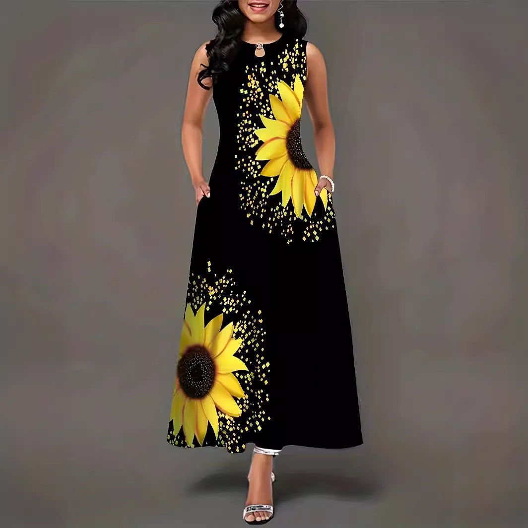 Damen Maxikleid mit buntem Sonnenblumenmotiv und praktischen Taschen R&B