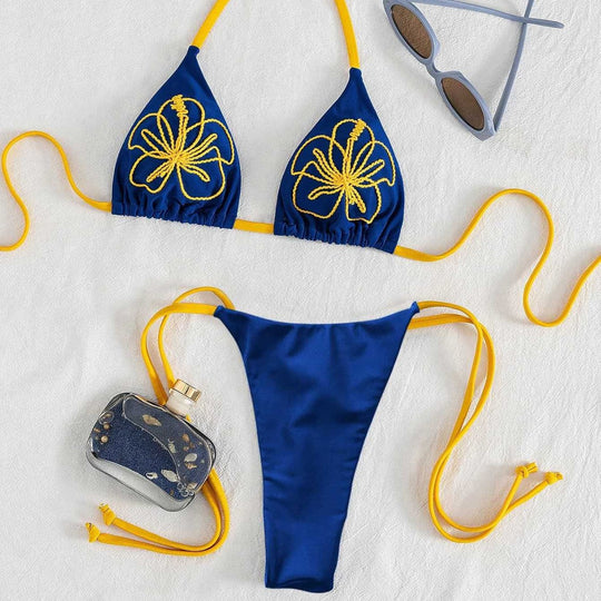 Damen Triangel-Bikini mit floralen Stickereien und verstellbaren Trägern R&B