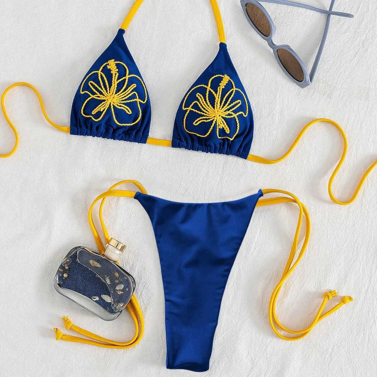 Damen Triangel-Bikini mit floralen Stickereien und verstellbaren Trägern R&B