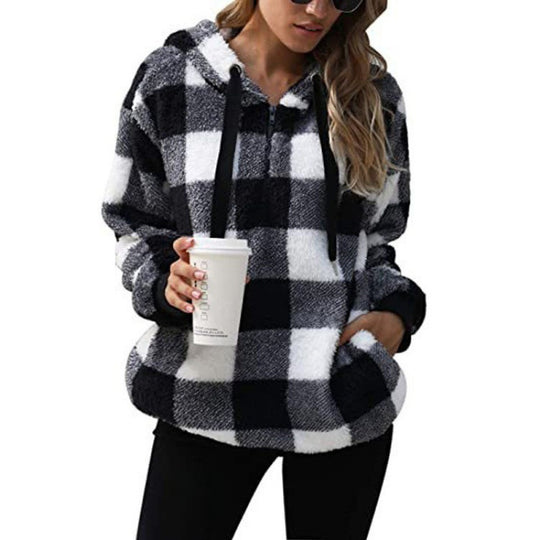 Damen kuschelige Karo-Hoodiejacke mit Reißverschluss und Kängurutasche R&B