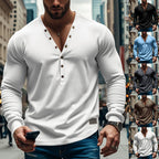 Herren nan athletisches Henley-Langarmshirt mit tiefem V-Ausschnitt, Metallknopfleiste und figurbetontem Slimfit R&B