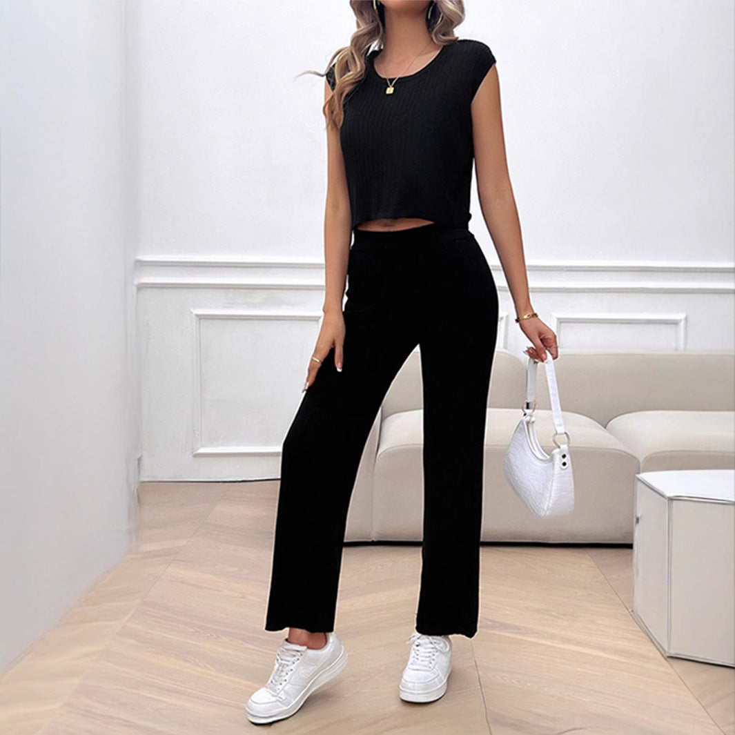 Damen Strick Zweiteiliges Set mit cropped Oberteil und weiter Hose R&B