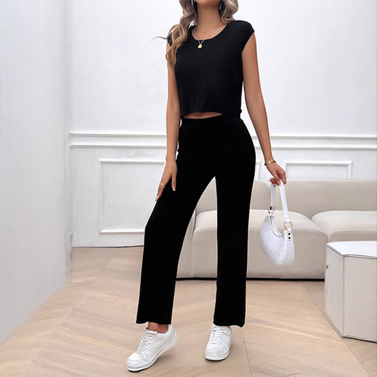 Damen Strick Zweiteiliges Set mit cropped Oberteil und weiter Hose R&B