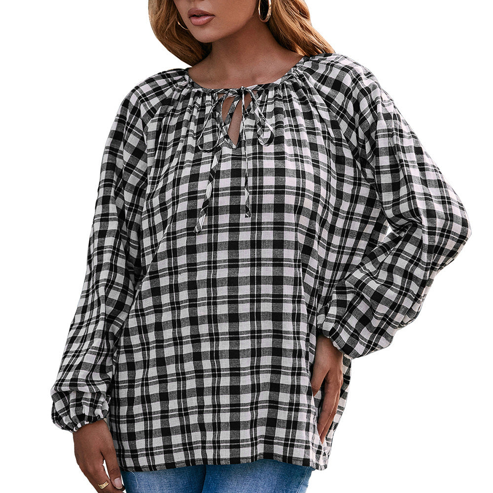 Damen Bluse mit Karo-Muster und Schleifendetail R&B