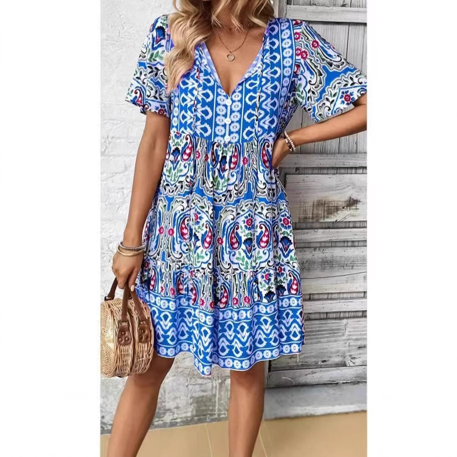 Damen Sommerliches Minikleid mit V-Ausschnitt und voluminösen Ärmeln R&B
