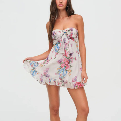 Damen nan trägerloses Chiffon-Sommerkleid mit Blumenmuster Bandeau-Oberteil und Volantbesatz R&B