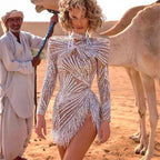 Damen Glamouröses Pailletten-Kleid mit transparenten Akzenten und Fransen R&B