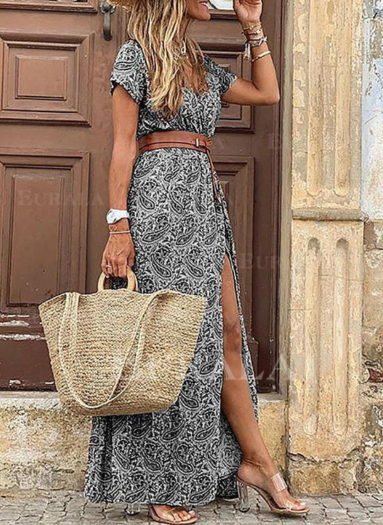 Damen Maxikleid mit floralem Paisleymuster und seitlichem Schlitz R&B