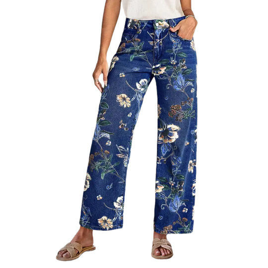 Damen Weit geschnittene Jeans mit floralem Druck und hohem Bund R&B