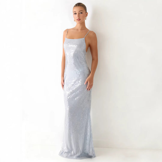 Damen Glamouröses Pailletten-Maxikleid mit schmalem Schnitt und feinen Spaghettiträgern R&B