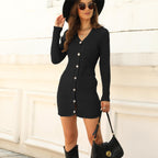 Damen Strickkleid mit Knopfverschluss und V-Ausschnitt