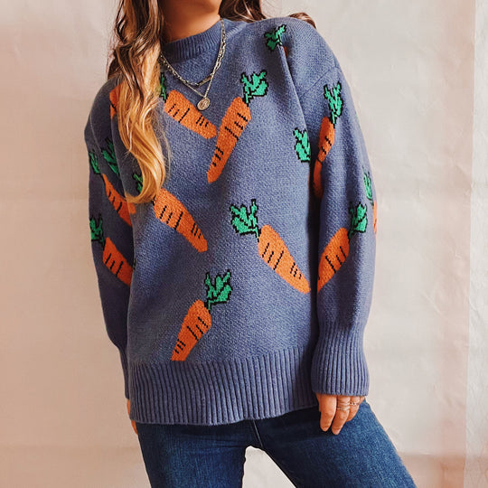 Damen lässiger Pullover mit buntem Karottenmotiv R&B