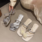 Damen elegante Sandaletten mit Blumendekor und glitzernden Riemchen R&B