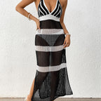 Damen gehäkelter Strandüberwurf mit stilvollem V-Ausschnitt und eleganten Streifendetails R&B