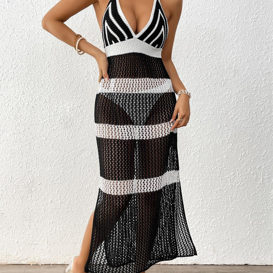 Damen gehäkelter Strandüberwurf mit stilvollem V-Ausschnitt und eleganten Streifendetails R&B