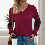 Damen Strickpullover mit Spitzenärmeln und V-Ausschnitt