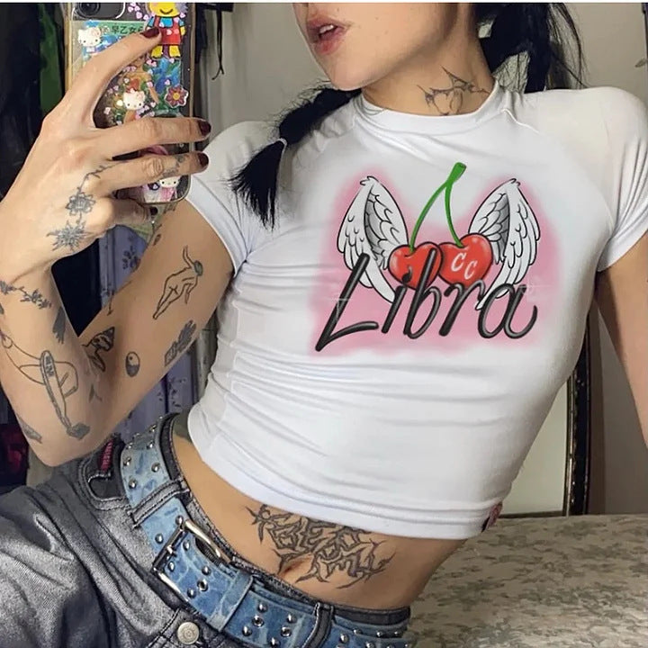 Damen figurbetontes Kurzarm-T-Shirt mit verspieltem Aufdruck R&B