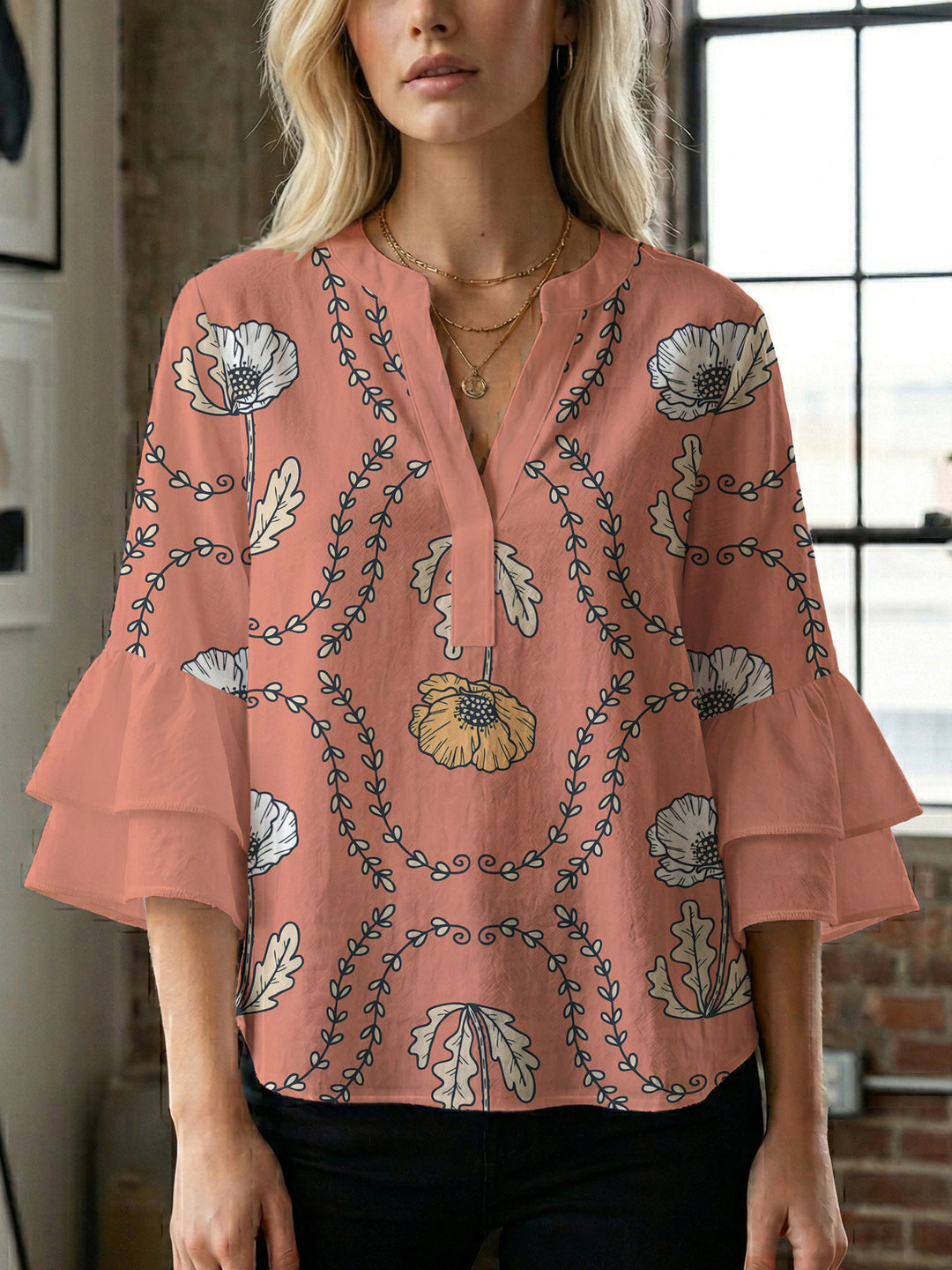 Damen Bluse mit voluminösen Rüschenärmeln und kreativem Floraldesign R&B