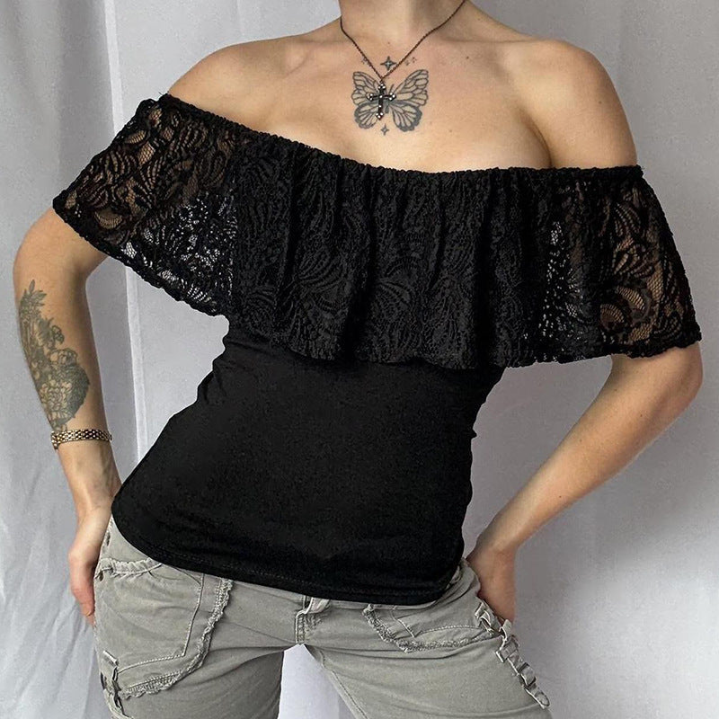 Damen Off-Shoulder Oberteil mit Rüschendetails und eleganten Spitzenakzenten R&B