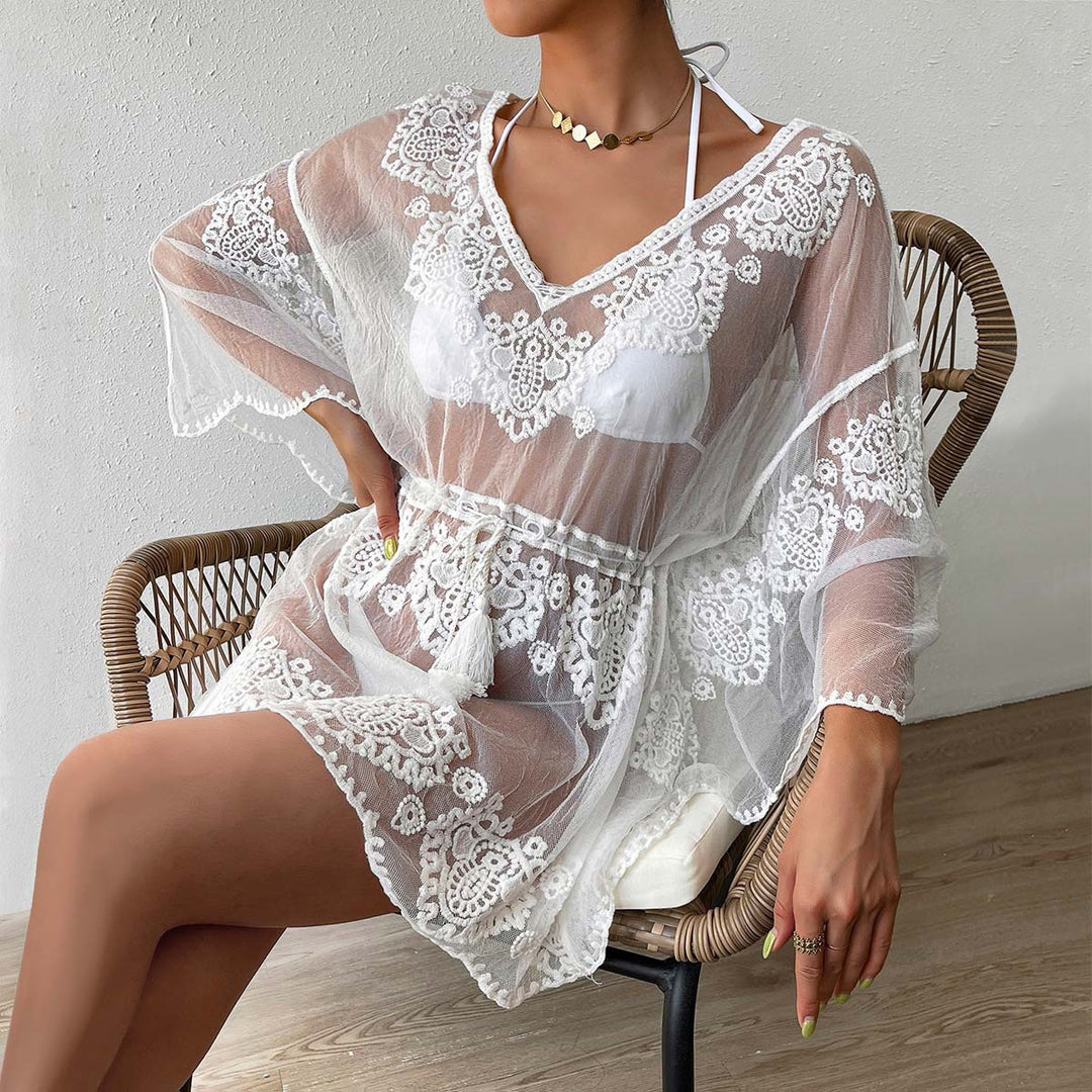 Damen elegante gehäkelte Strandtunika mit tailliertem Gürtel und Volantärmeln R&B