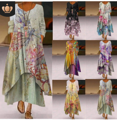 Damen Fließendes Maxikleid mit kunstvollem Blumendruck und asymmetrischem Saum R&B