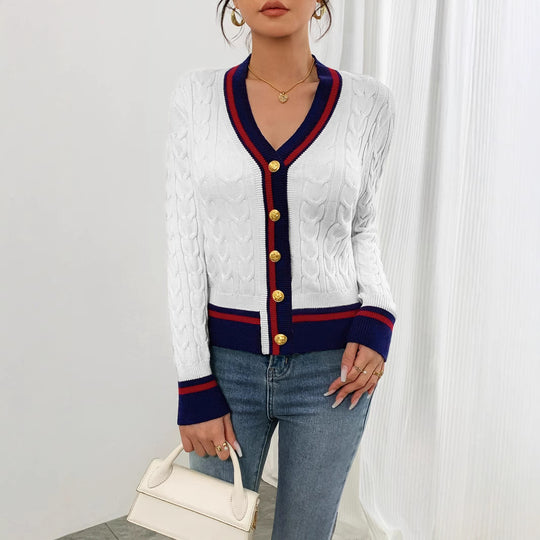 Damen modischer Kabelstrick-Cardigan mit zweifarbigem Abschluss R&B